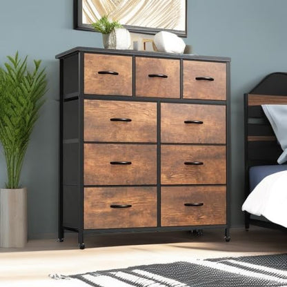 YITAHOME Dresser for Bedroom with 9 Drawers - Fabric Storage Tower, Tall Chest Organizer Unit for Living Room, Entryway, Closets with Sturdy Steel Frame, Wooden Top, Brown