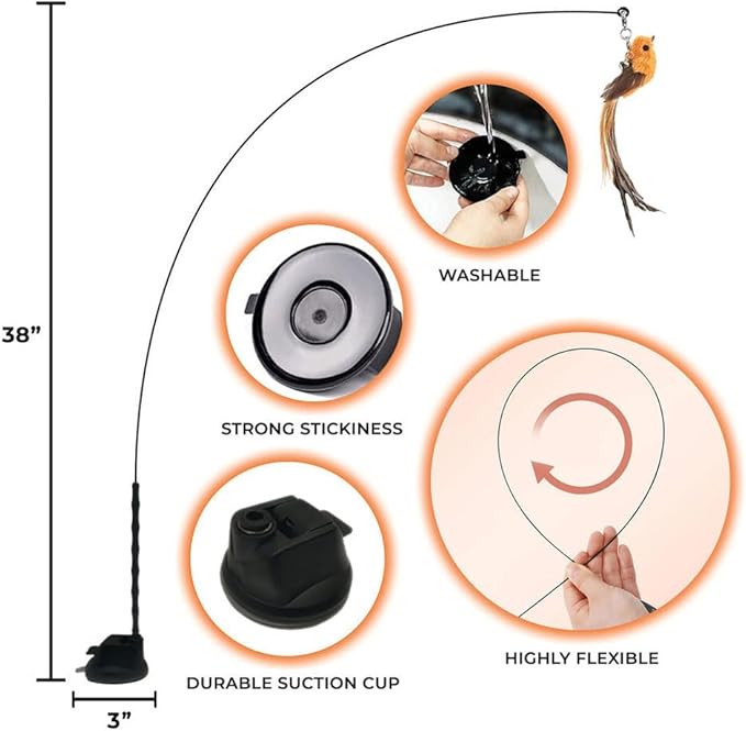 Interactive Bird Simulation Cat Toy Set, Interactive Cat Toy for Indoor Cats, Cat Feather Toy, Suction Cup, Weighted Base, 5 Replacement Birds, Feathers & Bells, Realistic Bird Impression-Mewly Pet