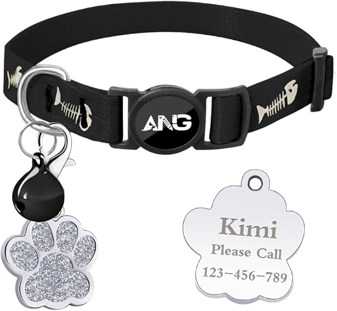 Personalized Breakaway Cat Collars Glow-in-The-Dark with ID Tag, Bell - Safety Quick - Release, Customizable for Female Male Kittens & Cats (Black)-Mewly Pet