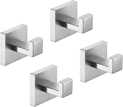 TASTOS Bath Towel Hooks Brushed Nickel, 4 Pack Stainless Steel Robe Coat and Clothes Hook, Heavy Duty Wall Hook for Bathroom & Kitchen, Modern Square Style Wall Mounted