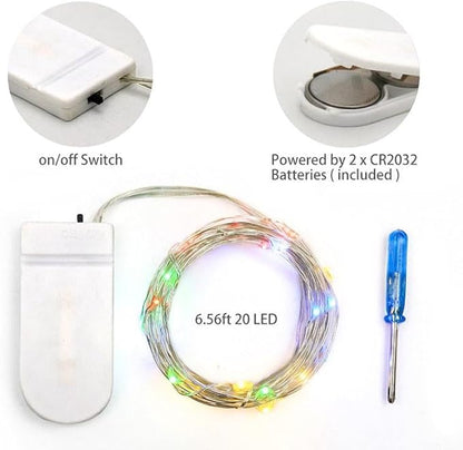 Fairy Lights CR2032 Battery Operated,6.6Ft/2Meter 20 LEDs Micro Silver Wire String Lights for Bedroom Christmas Party Wedding Decoration (Multi-Colour, 6 Pack)