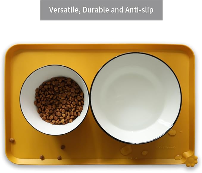 Hoki Found Silicone Pet Food Mats Tray - Dog Pet Cat Feeding Mat - Waterproof Dog Cat Food Mats -Pet Water Mats for Carpet -Honey-Mewly Pet