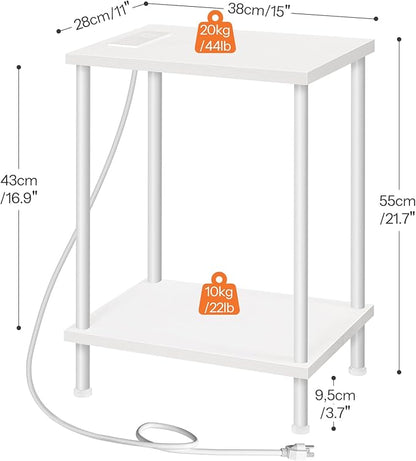 HOOBRO Side Table with Charging Station, End Table with USB Port and Outlets, Nightstand with 2-Layer Storage Shelves for Small Spaces, Living Room, Bedroom, White WW09UBZ01