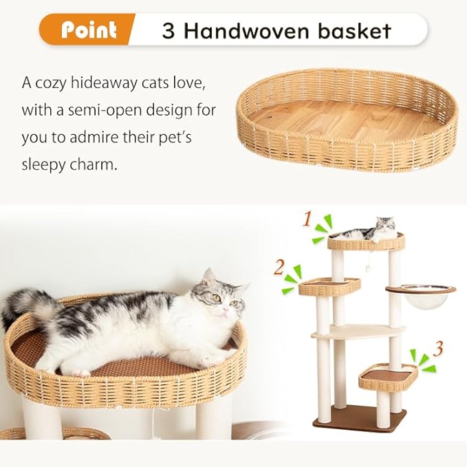 48'' Cat Tree for Large Cats, Modern Cat Tree Multi-Level Condo with Natural Wood, Cat Activity Centre for Medium and Big Pets (White LS02)-Mewly Pet