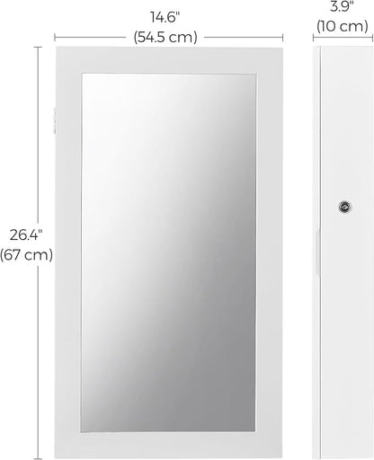 SONGMICS Lockable Jewelry Cabinet Armoire with Mirror, Wall-Mounted Space Saving Jewelry Storage Organizer, Christmas Gift, White UJJC51WT