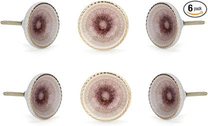 Perilla Home Set of 6 Marrakesh Knob Ceramic Decorative Round Knobs for Home Kitchen Cabinet Hardware Cupboard Glass Door Dresser Wardrobe and Drawer Pulls (Pink)