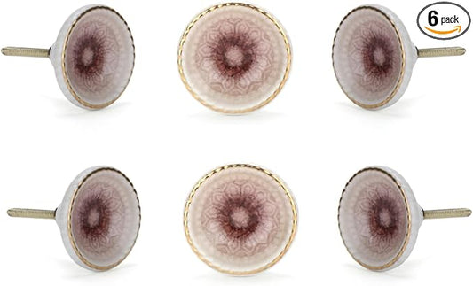 Perilla Home Set of 6 Marrakesh Knob Ceramic Decorative Round Knobs for Home Kitchen Cabinet Hardware Cupboard Glass Door Dresser Wardrobe and Drawer Pulls (Pink)