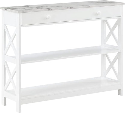 Convenience Concepts Oxford 1 Drawer Console Table with Shelves, White Faux Marble/White