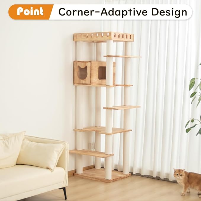 74" Wooden Cat Tree Tower for Large Cats, Multi-Level Cat Climbing Furniture with Scratching Posts, Cat Condo & Hammock, Natural Wood Cat Activity Center (White)-Mewly Pet