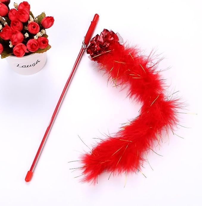 PETCTN Red Cat Teasing Stick Toy - Interactive Stick with Sparkly Feather Boa & Crinkle Ball for Indoor Cat Training & Fun-Mewly Pet
