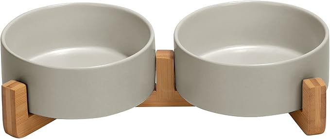 SPUNKYJUNKY Ceramic Dog and Cat Bowl with Wood Stand Non-Slip Matte Glaze Weighted Food Water Set for Cats &Small Dogs 13.5OZ-Mewly Pet