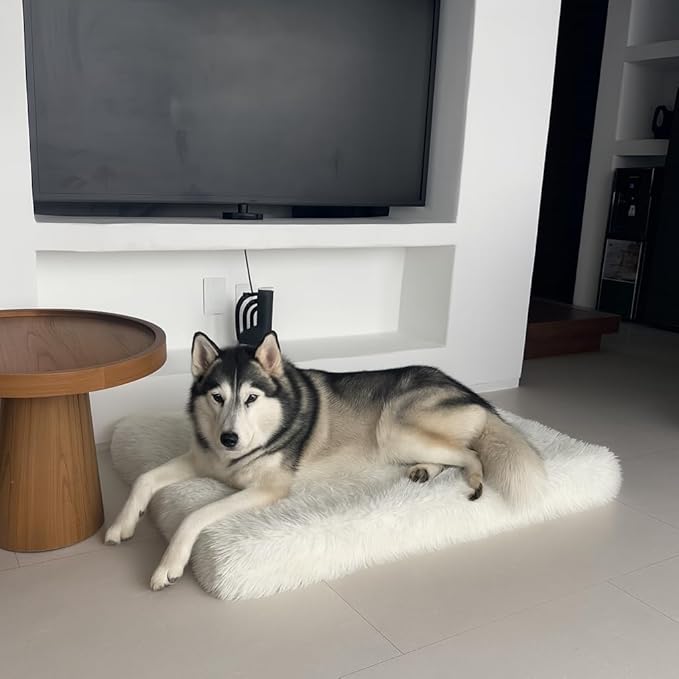 IHAPPYDOG Luxury Faux Fur Orthopedic Dog Beds, Memory Foam Crate Bed for Small, Medium, Large and XL Pets, Fluffy Pet Bed with Waterproof and Washable Cover, Fits Crates (White, 41"x27")-Mewly Pet