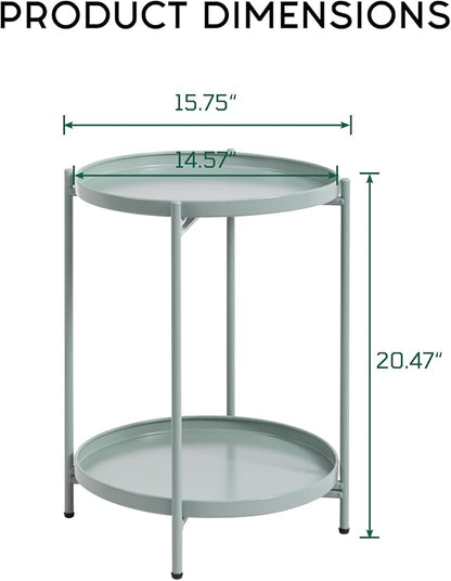 HollyHOME 2-Tier Round Side Table, Outdoor Small Folding Accent Stand with Removable Tray, Anti-Rust Metal Asional Table for Balcony Patio Living Room, Nightstand for Bedroom(Cyan Blue)