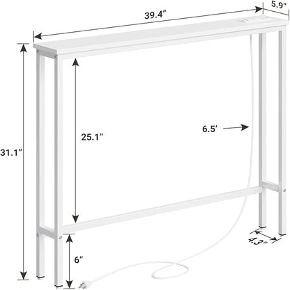 ELYKEN 5.9" Narrow Console Sofa Table with Power Outlets, 5.9" Dx39.4 Wx31.1 H Long Couch Table with Metal Frame and Charge Station with 6.5’ Extension Cord, White