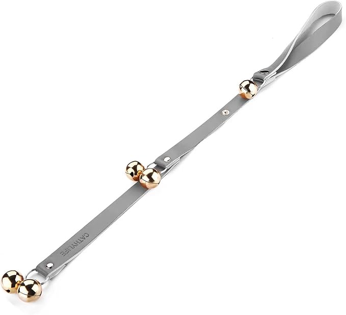 Leather Dog Doorbells for Door Knob/Potty Training/Go Outside, Length Adjustment Copper Dog Bell, Housetraining Hanging Bell, Gray Leather Golden Bells-Mewly Pet