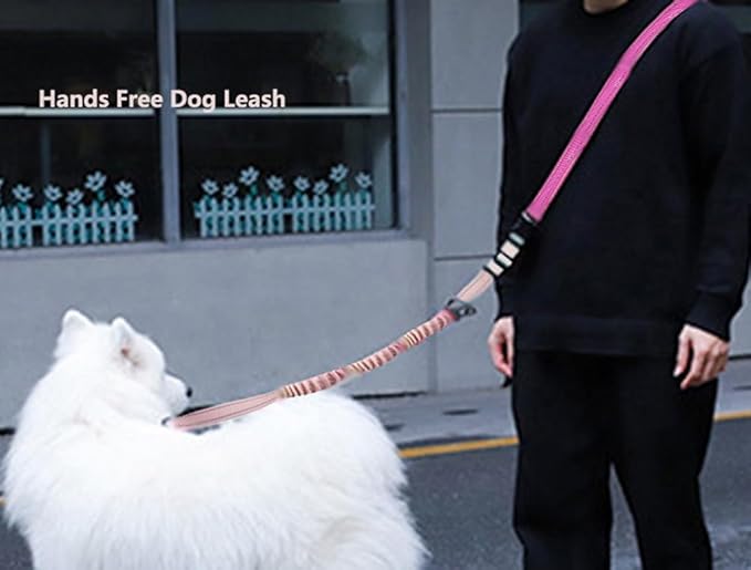 Hands Free Dog Leash for Large Medium Dogs Heavy Duty Bungee Reflective Adjustable Waist Leashes for Walking Running with Car Buckle 4-6FT (Rose)-Mewly Pet