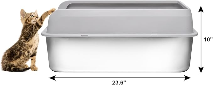 Kichwit Extra Large Stainless Steel Cat Litter Box with High Sides, Easy to Clean, Smooth Surface, Rust Resistant, 23.6" x 15.7" x 10" (with Lid)-Mewly Pet