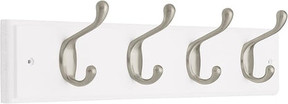 Liberty 129849 18-Inch Coat and Hat Hook Rail/Rack with 4 Heavy Duty Hooks, White and Satin Nickel