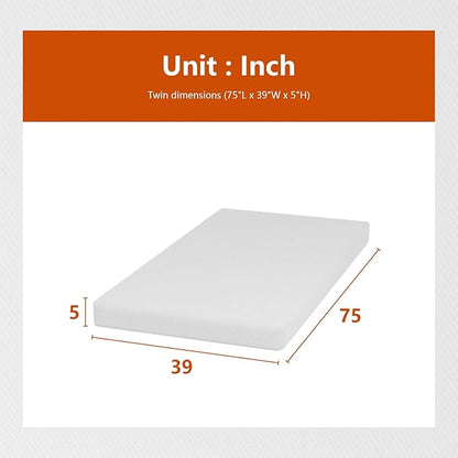 PayLessHere 5 Inch Gel Memory Foam Mattress Medium Firm Mattresses CertiPUR-US Certified Bed-in-a-Box Pressure Relieving Twin Size,Fiberglass Free，White
