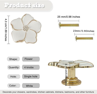 4 pcs Flower Petal Knobs,Creative Silver Flower Drawer Pulls Handles with Screws Single Hole Handle for Cabinet, Dressing ，Home Decor Handles (White)