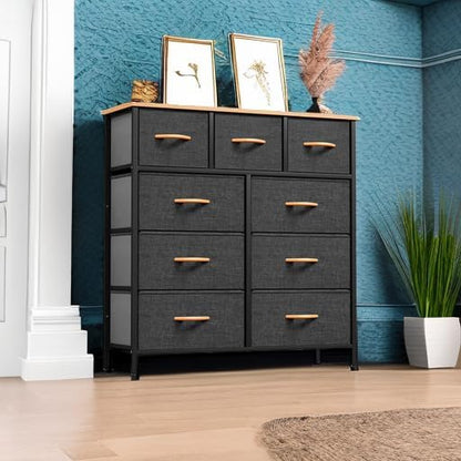 YITAHOME Dresser with 9 Drawers - Fabric Storage Tower, Organizer Unit for Bedroom, Living Room, Hallway, Closets - Sturdy Steel Frame, Wooden Top & Easy Pull Fabric Bins (Dark Grey)