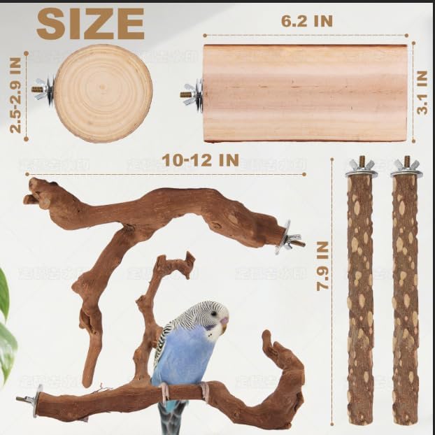 Parrot Perch Bird Perch Stand Set Natural Wild Wood Grape Sticks Paw Grinding Fork Parakeet Climbing Standing Branches Toys Cage Accessories for Conure,Cockatiels Lovebirds,Budgies Chewable 6PC-Mewly Pet