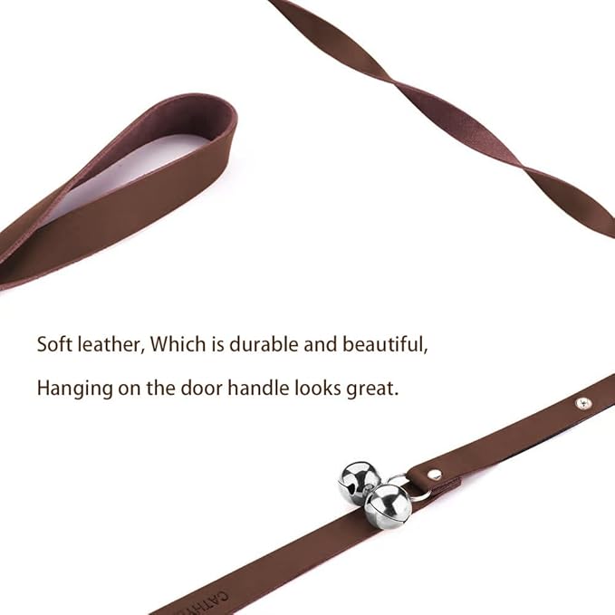 Leather Dog Doorbells for Door Knob/Potty Training/Go Outside, Length Adjustment Copper Dog Bell, Housetraining Hanging Bell, Dark Brown Leather Silver Bells - 2 Pack-Mewly Pet