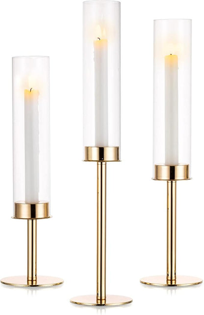 Nuptio Gold Candlestick Holder Tall Hurricane Candle Holder Set of 3 Taper Candle Holders Candle Stand Glass Cover Candlesticks Holders Table Centerpiece for Wedding Party Birthday Christmas Decor