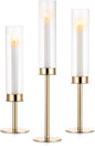 Nuptio Gold Candlestick Holder Tall Hurricane Candle Holder Set of 3 Taper Candle Holders Candle Stand Glass Cover Candlesticks Holders Table Centerpiece for Wedding Party Birthday Christmas Decor