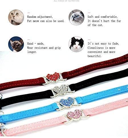 CHUKCHI Pink Soft Velvet Safe Cat Adjustable Collar with Crystal Heart Charm and Bells 8-11 Inches(Black+Red+Pink+Blue)-Mewly Pet