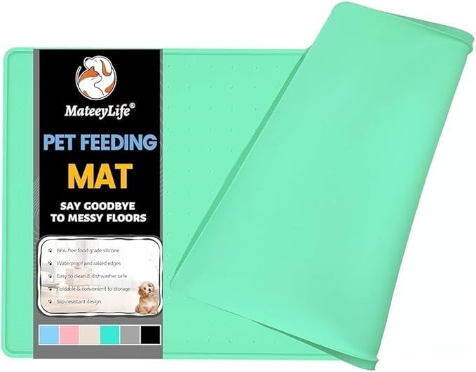MateeyLife Dog & Cat Food Mat - Waterproof, Nonslip, Raised Edges, Silicone Tray for Messy Drinkers, 24"x16", Mint Green-Mewly Pet