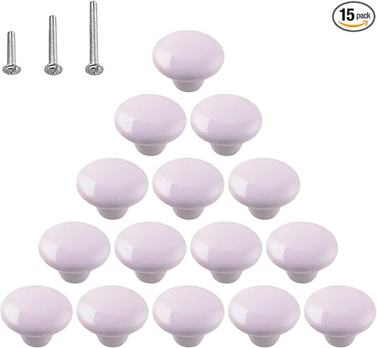 HUAMULAN 15PCS Glossy Ceramic Knobs Button Round Mushroom Cabinet Dresser Vintage Pulls Door Handles Cupboard Wardrobe Drawer, Dia. 1.5 inch 38mm, Light Purple