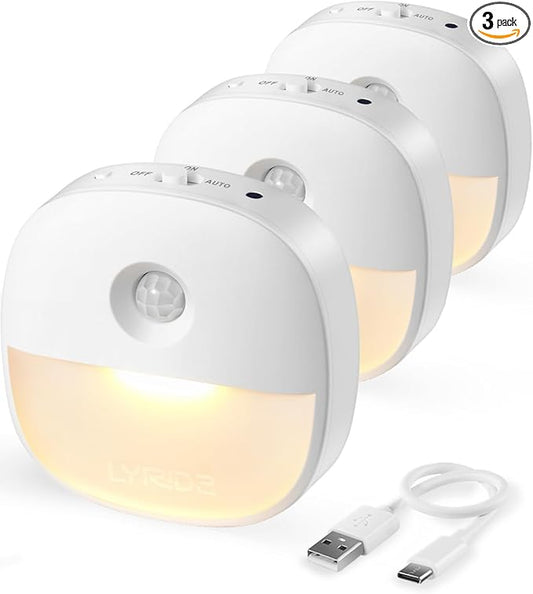 Lyridz Rechargeable Night Light, Motion Sensor Battery Nightlight, Mini Stick-on LED Closet Light, 1-20LM Dimmable Brightness for Bathroom, Bedroom, Kitchen, Washroom, Stairs, Hallway, 3-Pack
