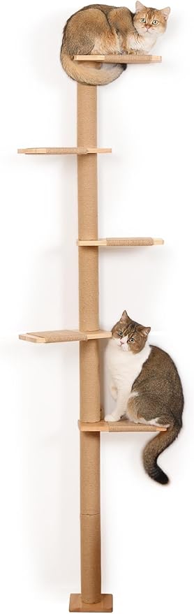 5 Tier Floor to Ceiling Cat Tree Tower with Wall-Mounted Scratching Post, Playful Wall Climbing Shelves for Cats, Ideal for Kittens to Climb, Scratch, and Lookout, Wild Simulation Design-Mewly Pet