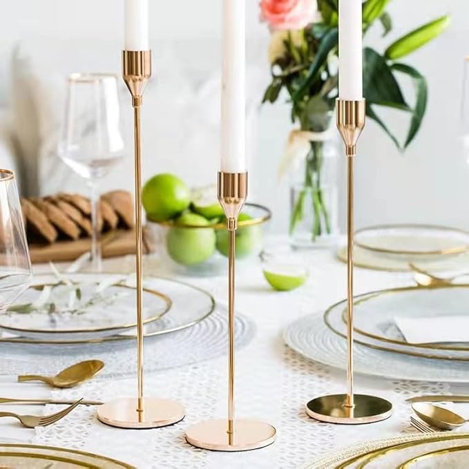 French Honey Gold Taper Candle Holders,Set of 6 Tall Taper Candlestick fit for 3/4" Thick Pillar Candle&Led Modern Metal Candle Stands Decorative Table Centerpieces for Dinning Party Church,Decorative