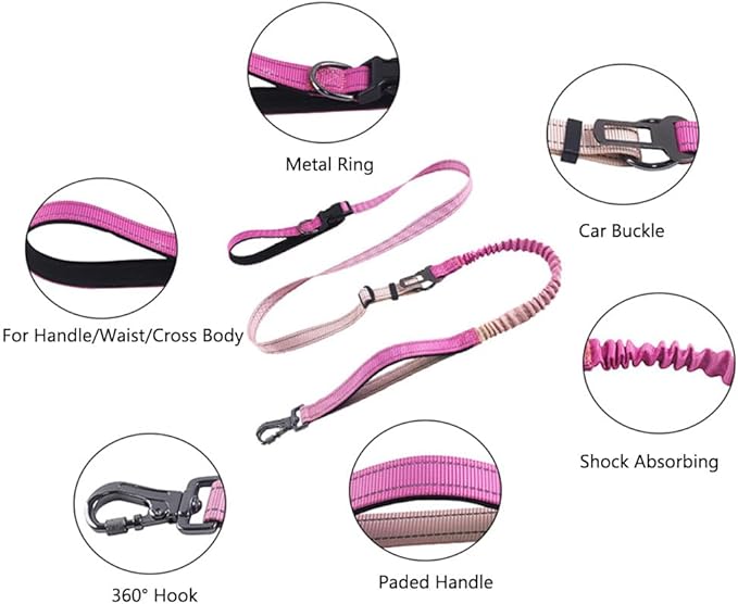 Hands Free Dog Leash for Large Medium Dogs Heavy Duty Bungee Reflective Adjustable Waist Leashes for Walking Running with Car Buckle 4-6FT (Rose)-Mewly Pet