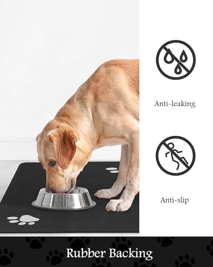 Pet Feeding Mat-Absorbent Dog Mat for Food and Water Bowl-No Stains Quick Dry Water Dispenser Mat-Dog Accessories Pet Supplies-Bowl for Messy Drinkers（Black,12"x19"-Mewly Pet