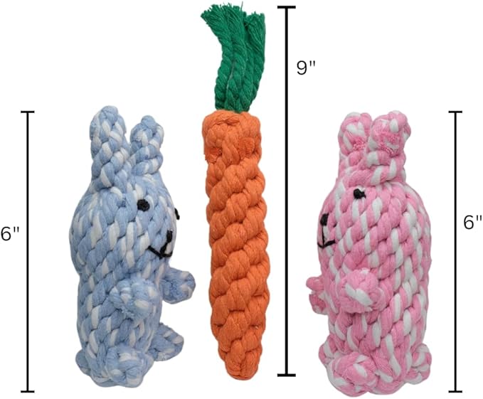 HILLBERRY Dog Rope Chew Toy Cotton Pink and Blue Rabbits and Carrot Bundle Set for Teething Puppy, Small, Miniature and Toy Breed Cute Pet Play Essentials-Mewly Pet