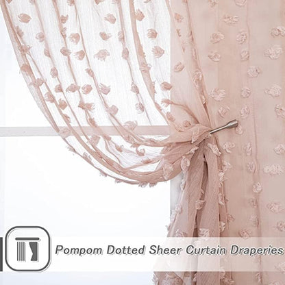 MYSKY HOME Pink Sheer Short Curtains with Pom Pom for Small Windows Dusty Rose Bedroom Nursery Kids Girls Room Curtains Cafe Kitchen Light Filtering Boho Drapes, Rod Pocket,52 x 54 Inches, 2 Panels