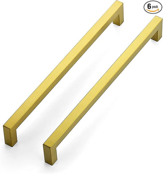JOY DECOR 6 Pack Cabinet Handles, Gold Cabinet Pulls, 10 Inch Kitchen Closet Handles Square Drawer Pulls Stainless Steel Drawer Hardware, 256mm Hole Centers
