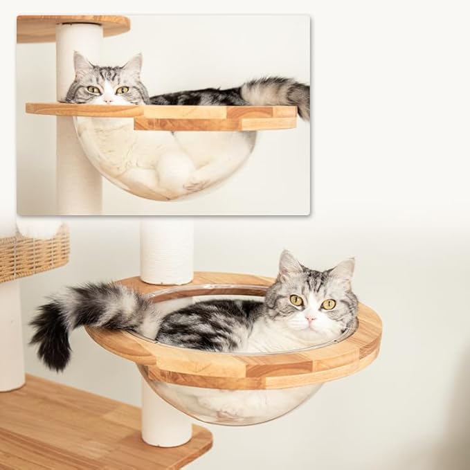 48'' Cat Tree for Large Cats, Modern Cat Tree Multi-Level Condo with Natural Wood, Cat Activity Centre for Medium and Big Pets (White LS02)-Mewly Pet