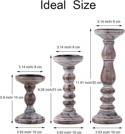 Wood Pillar Candle Holder: 3Pcs Rustic Candle Holders for Pillar Candles Wood Candle Holders Distressed Wooden Farmhouse Large Candle Holder for Fireplace Table (Brown, 6", 8", 12")