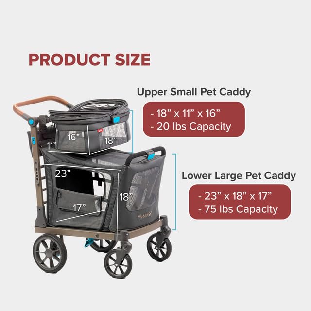 Pet Two Foldable Cart - Adjustable & Portable Pet Stroller with Caddy, Foam Filled Rubber Wheels, Storage - Carriage for Small & Medium Dogs, Cats Under 75 lbs-Mewly Pet