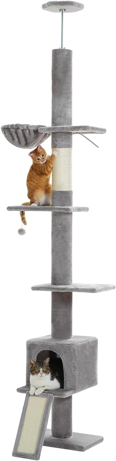 PEQULTI Floor to Ceiling Cat Tree, Tall Cat Tower, Adjustable Height (83''-108'') 5 Levels Climbing Tree for Indoor Cats with Cat Condo, Cozy Hammock and Scratching Post, Grey-Mewly Pet