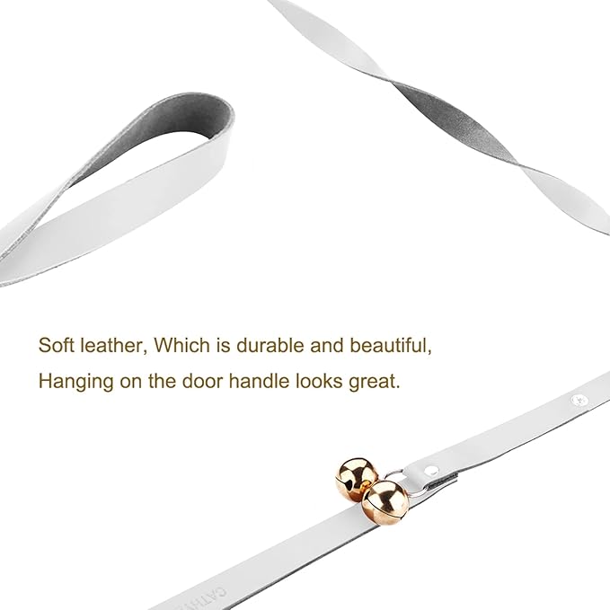 Leather Dog Doorbells for Door Knob/Potty Training/Go Outside, Length Adjustment Copper Dog Bell, Housetraining Hanging Bell, White Leather Golden Bells.-Mewly Pet