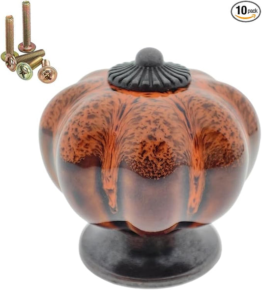 10 Pack Vintage Ceramic Pumpkin Cabinet Knobs, Kitchen Cabinet Drawers Dresser Cupboard Pull Handles Door Pulls with 5 Kinds of Screws (Leopard Print -Orange)
