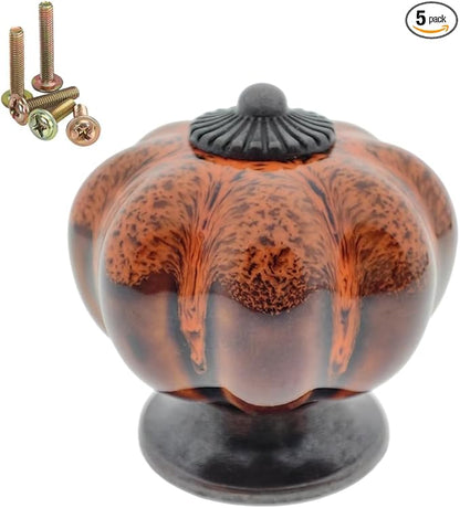 5 Pack Vintage Ceramic Pumpkin Cabinet Knobs, Kitchen Cabinet Drawers Dresser Cupboard Pull Handles Door Pulls with 5 Kinds of Screws (Leopard Print -Orange)