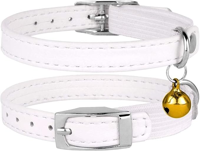 CollarDirect Leather Cat Collar, Cat Safety Collar with Elastic Strap, Kitten Collar with Bell Black Blue Red Orange Lime Green (8-11 Inch, White)-Mewly Pet