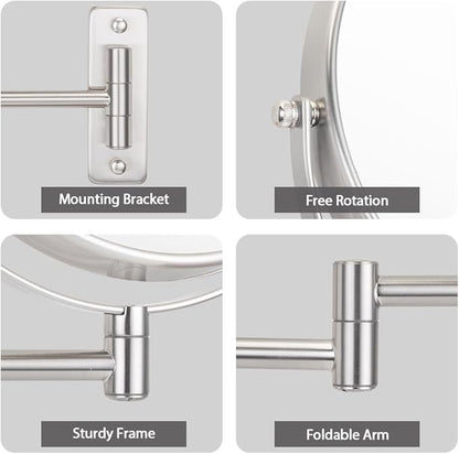 Cerdeco 8 Inch 10X Double Sided Makeup Wall Mount Mirror With Nickel Plated Finish - 360 Swivel Extendable Cosmetic Shaving Magnification