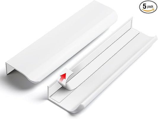 5 Pack 6 inch self Adhesive Cabinet Handles Adhesive Cabinet pulls Drawer Edge pulls Bright White Stick on Handles for Cabinet Finger pulls for Concealed Drawer Seam Flat